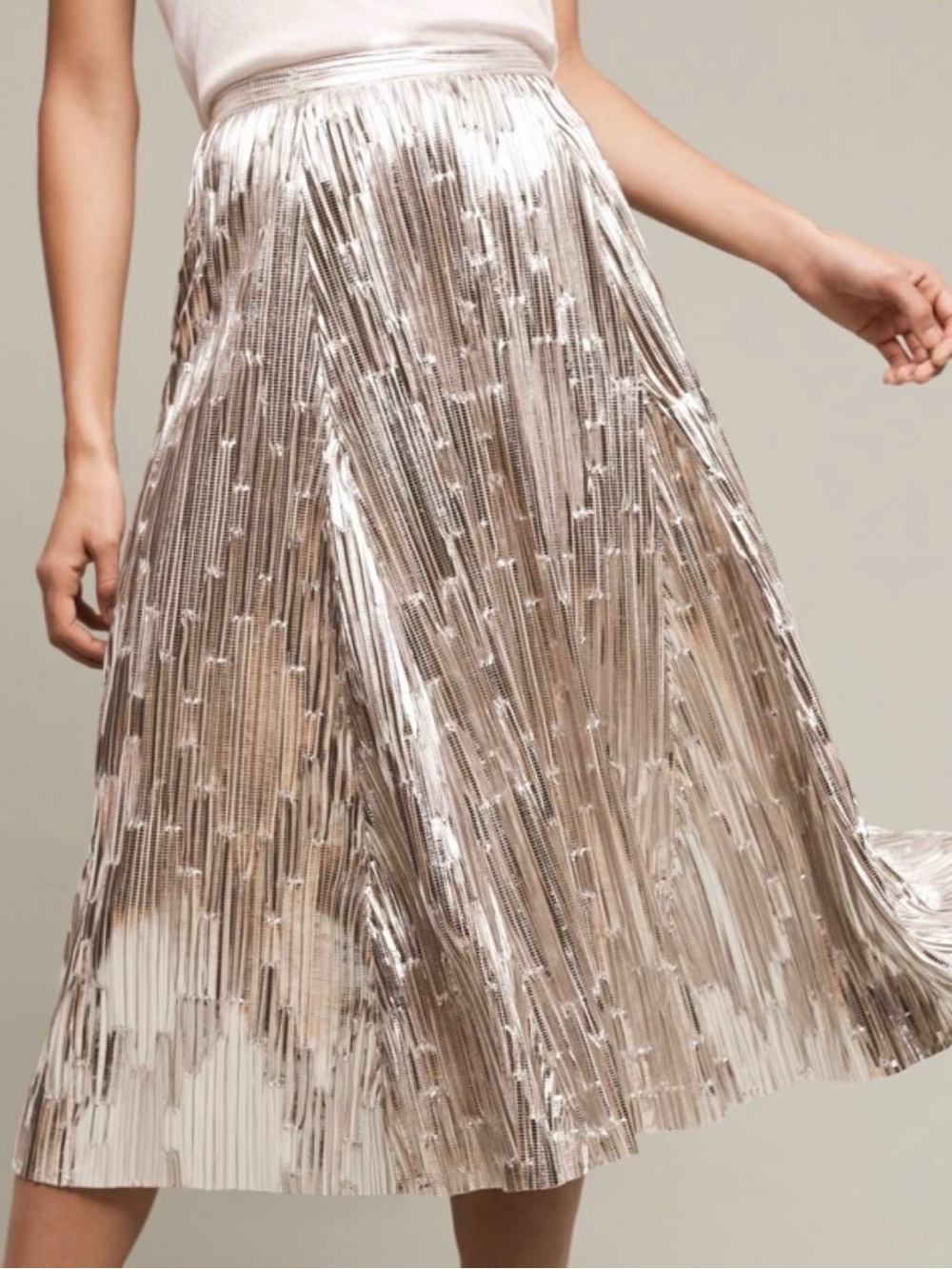 Anthropologie Maeve Metallic Pleated A-Line Silver Midi Skirt Petite Size 4